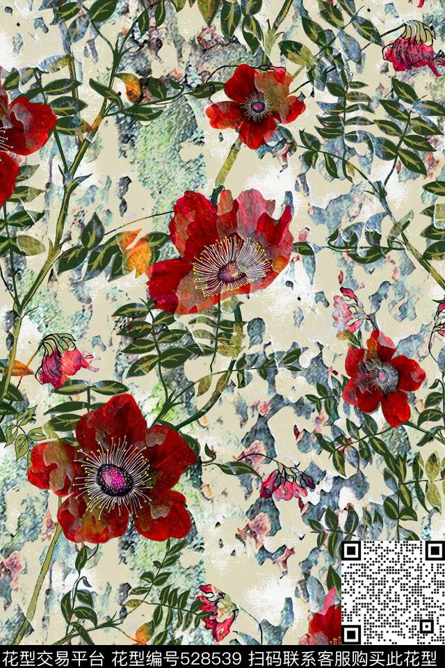 复古田园大花草本数码印花华亿平台下载（图片编号: 528539） - 瓦栏（Walan）