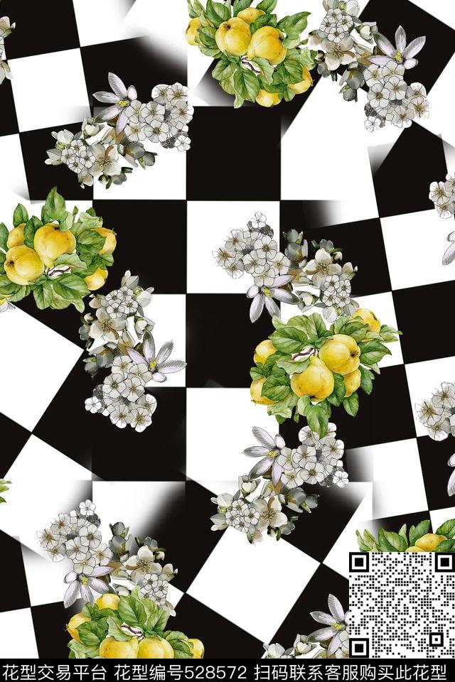 格子黑白花卉果实数码印花华亿平台下载（图片编号: 528572） - 瓦栏（Walan）