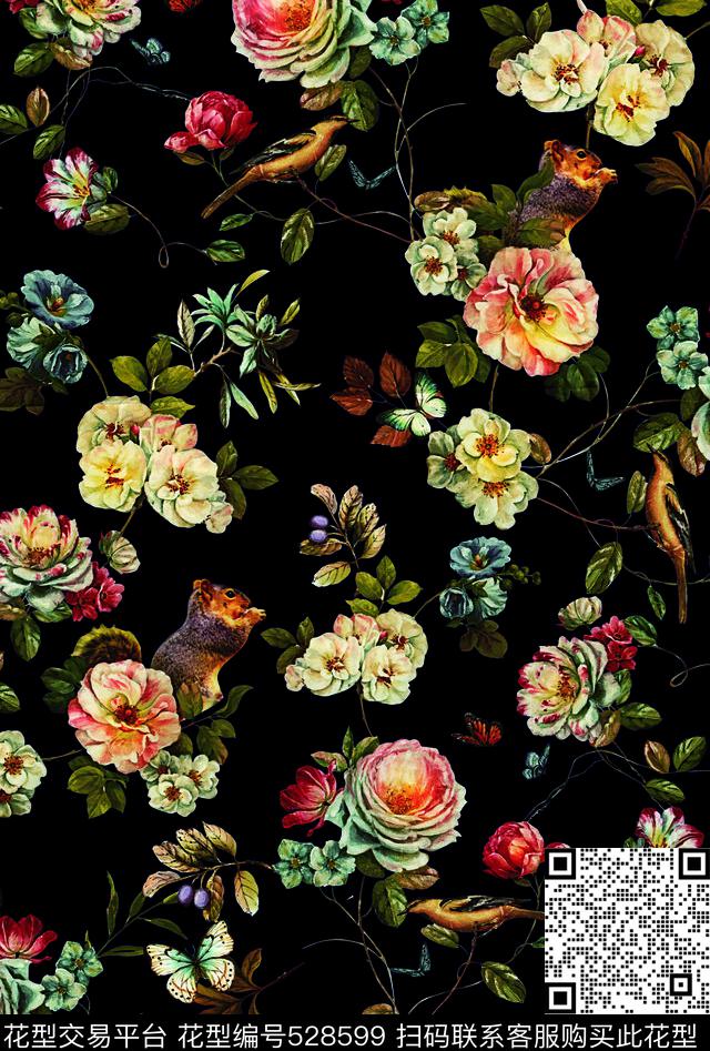 油画松鼠小鸟数码印花华亿平台下载（图片编号: 528599） - 瓦栏（Walan）