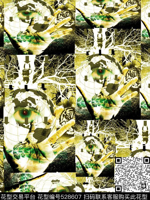 时尚个性潮流服装男装衬衣眼睛手树叶拼贴拼接拼图流行时尚数码印花华亿平台下载（图片编号: 528607） - 瓦栏（Walan）