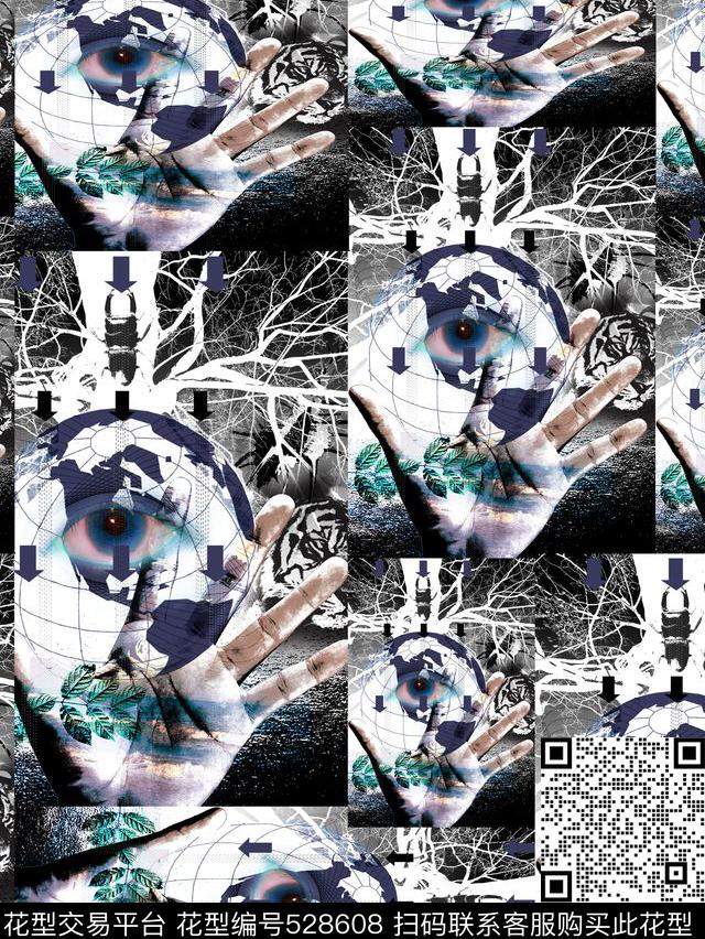 时尚个性潮流服装男装衬衣眼睛手树叶拼贴流行时尚数码印花华亿平台下载（图片编号: 528608） - 瓦栏（Walan）