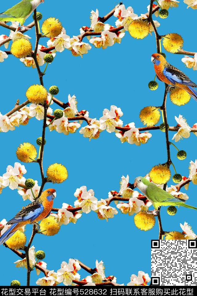 鸟鹦鹉花卉数码印花华亿平台下载（图片编号: 528632） - 瓦栏（Walan）