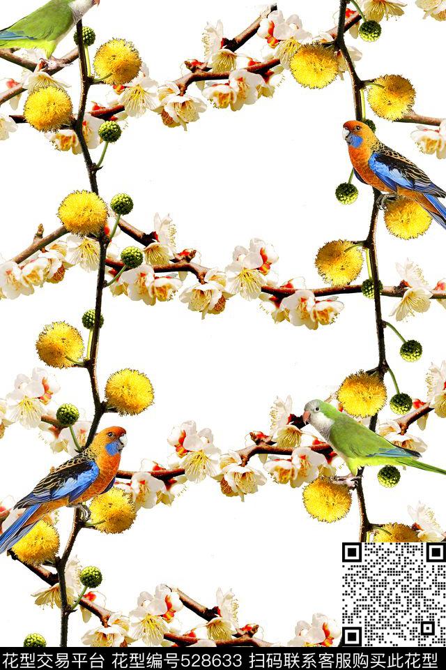 鸟鹦鹉花卉数码印花华亿平台下载（图片编号: 528633） - 瓦栏（Walan）