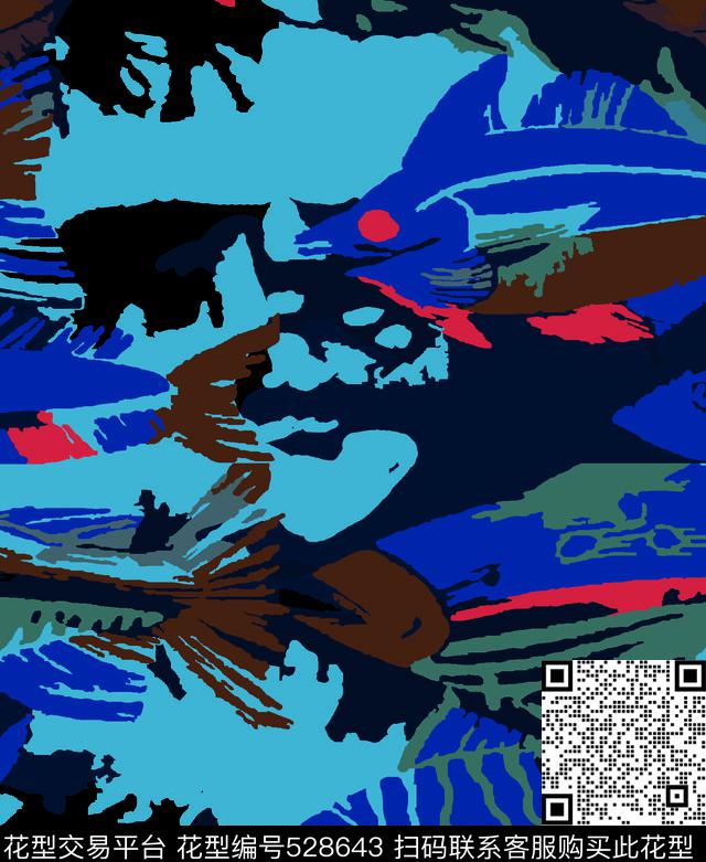 色块组合鱼手绘传统印花华亿平台下载（图片编号: 528643） - 瓦栏（Walan）