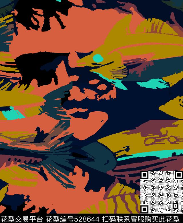 色块组合鱼手绘传统印花华亿平台下载（图片编号: 528644） - 瓦栏（Walan）