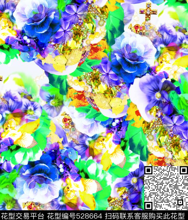 抽象红色花朵珠宝数码印花华亿平台下载（图片编号: 528664） - 瓦栏（Walan）