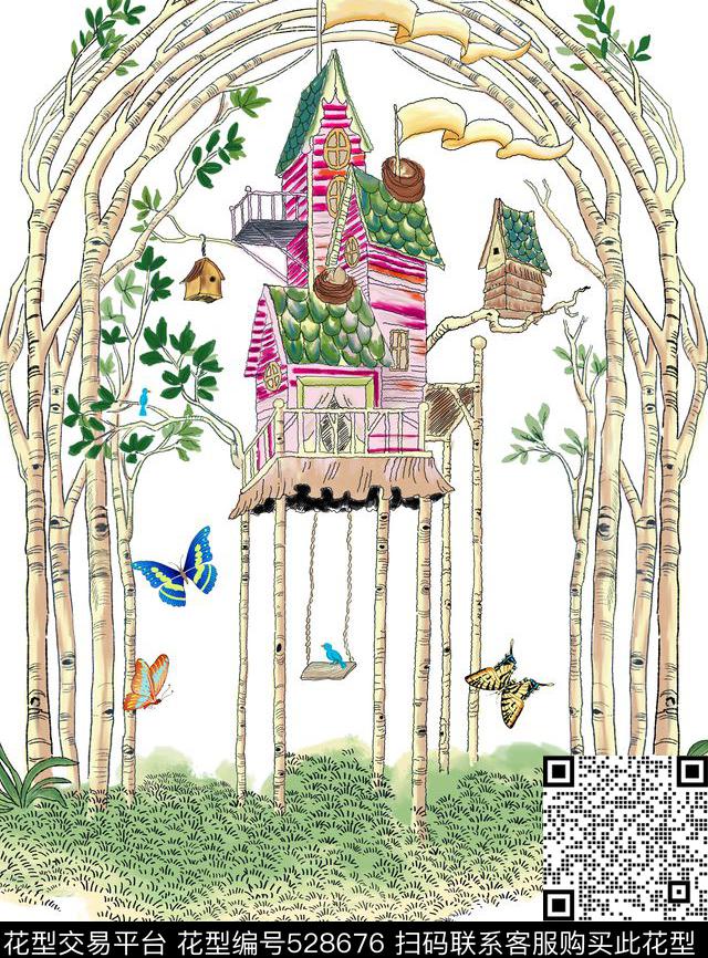 手绘蝴蝶小鸟数码印花华亿平台下载（图片编号: 528676） - 瓦栏（Walan）