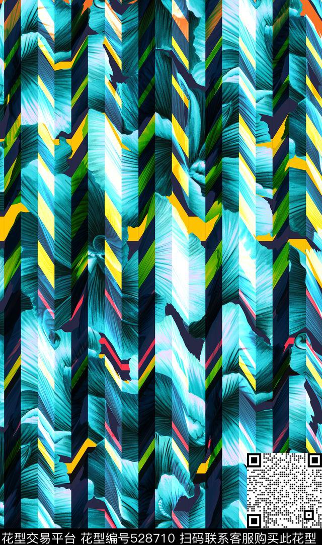 大花大叶片竖条条格斜纹几何错位叠加立体科技感未来感数码印花华亿平台下载（图片编号: 528710） - 瓦栏（Walan）