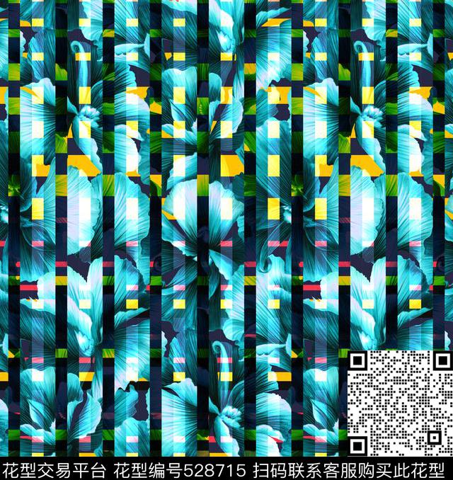 大花大叶片竖条条格几何错位叠加立体未来感前卫科技感数码印花华亿平台下载（图片编号: 528715） - 瓦栏（Walan）