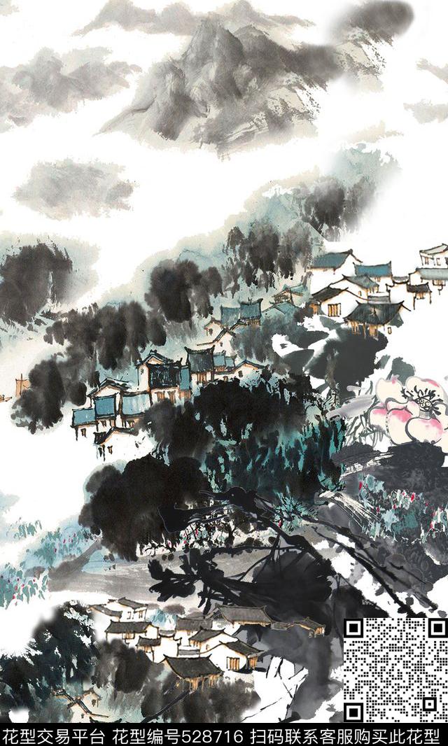 山水民居水墨画写意风格数码印花华亿平台下载（图片编号: 528716） - 瓦栏（Walan）