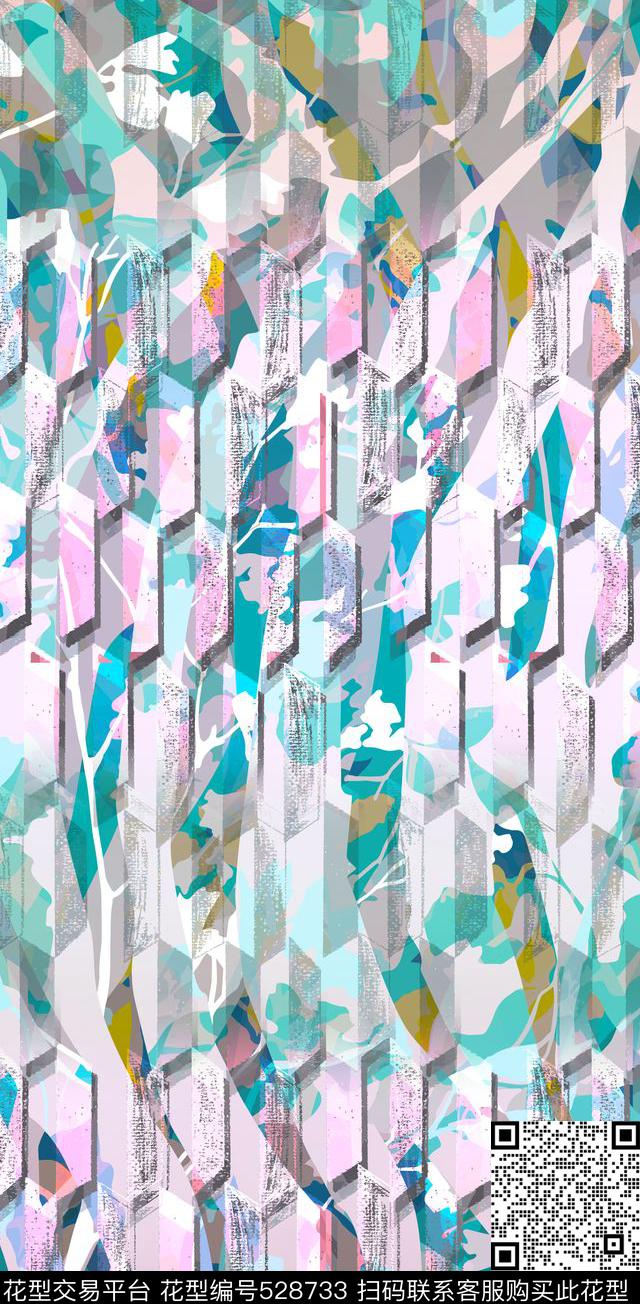 浪漫朦胧模糊未来感树叶渐变叠加错位几何数码印花华亿平台下载（图片编号: 528733） - 瓦栏（Walan）