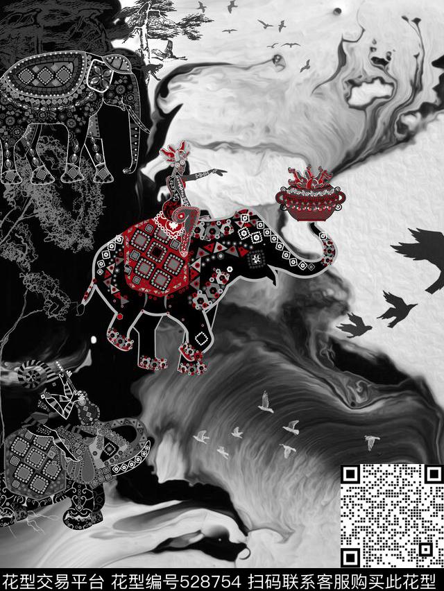 黑白水墨画人物大象数码印花华亿平台下载（图片编号: 528754） - 瓦栏（Walan）