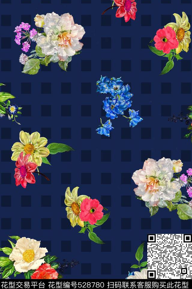 格子手绘花卉服装华亿平台数码印花华亿平台下载（图片编号: 528780） - 瓦栏（Walan）