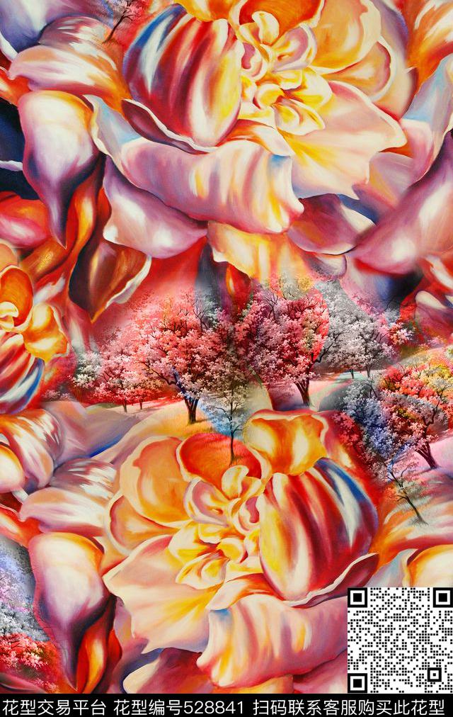 花卉潮流时尚大牌手绘复古花卉数码印花华亿平台下载（图片编号: 528841） - 瓦栏（Walan）