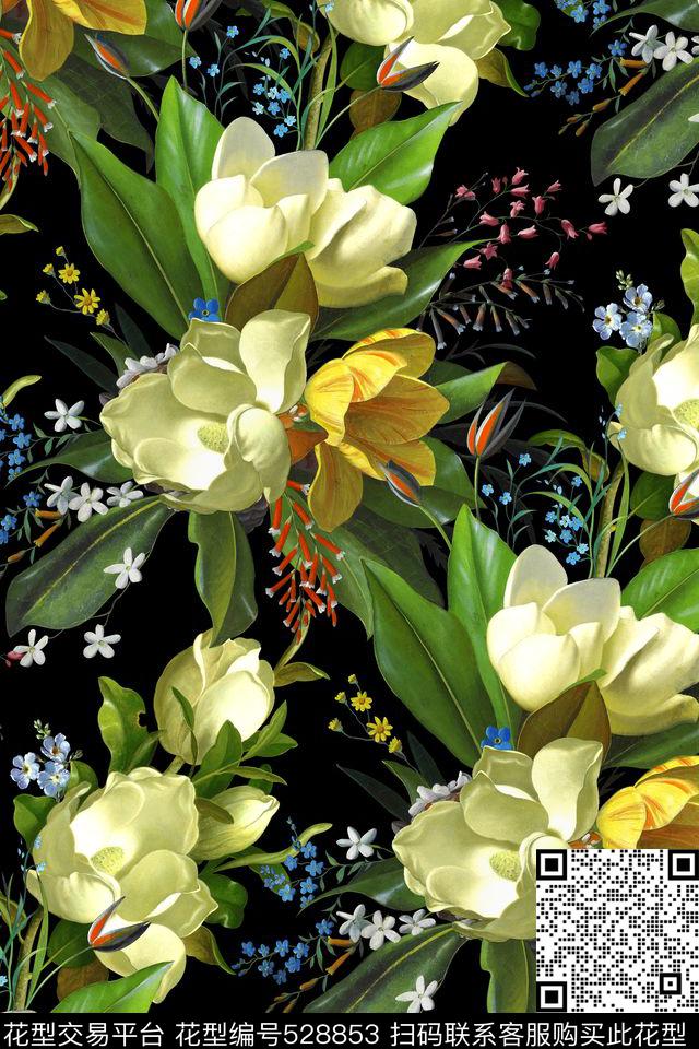 时尚玉兰花卉数码印花华亿平台下载（图片编号: 528853） - 瓦栏（Walan）