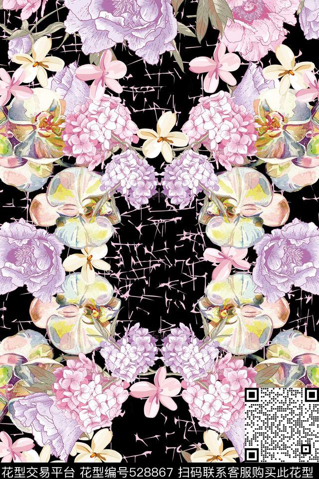 流行时尚彩色花卉黑底数码印花华亿平台下载（图片编号: 528867） - 瓦栏（Walan）