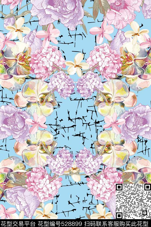 彩色花卉大牌华亿平台黑底数码印花华亿平台下载（图片编号: 528899） - 瓦栏（Walan）