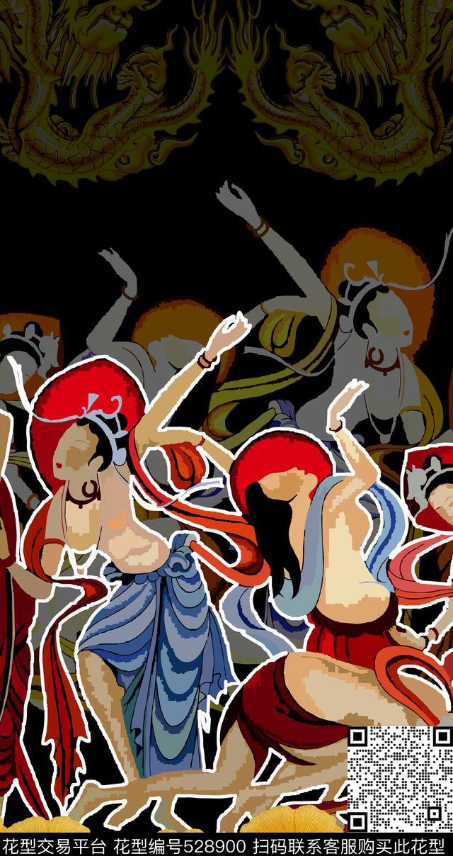 民族元素飞天女神树叶龙传统印花华亿平台下载（图片编号: 528900） - 瓦栏（Walan）