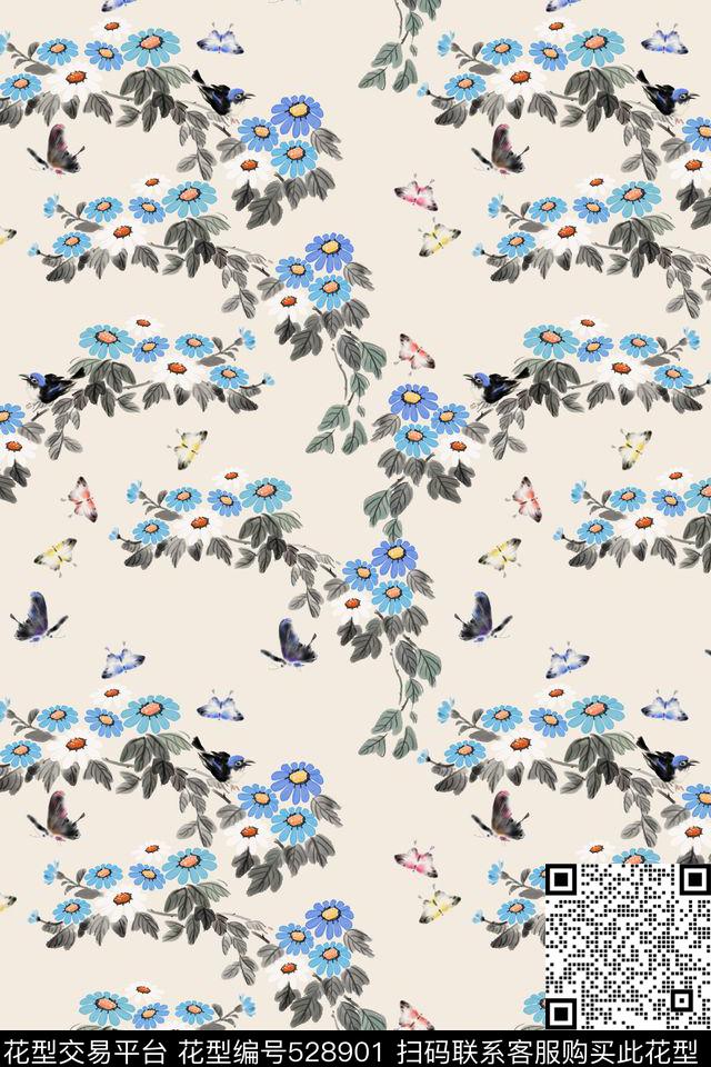 传统国画蝴蝶数码印花华亿平台下载（图片编号: 528901） - 瓦栏（Walan）