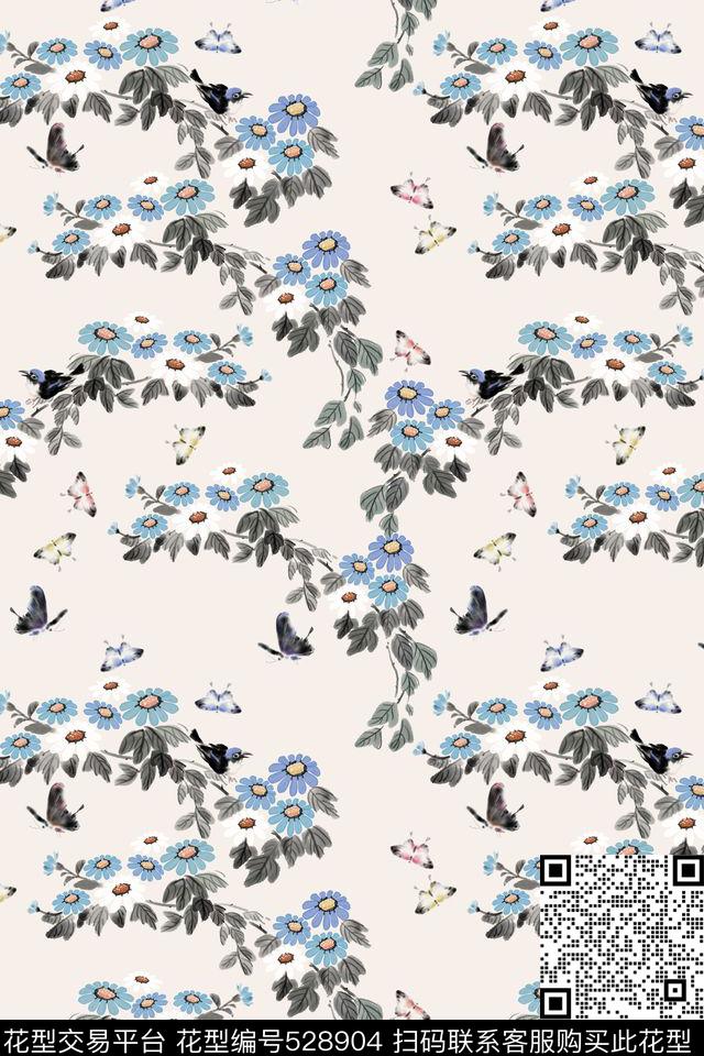 传统国画蝴蝶数码印花华亿平台下载（图片编号: 528904） - 瓦栏（Walan）
