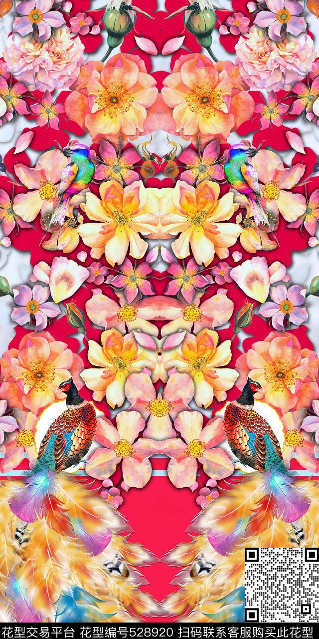 花卉孔雀鸟数码印花华亿平台下载（图片编号: 528920） - 瓦栏（Walan）