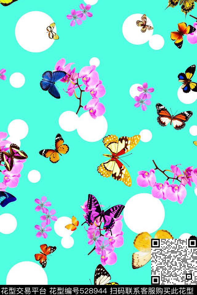写意圆圈蝴蝶花卉蝴蝶花卉数码印花华亿平台下载（图片编号: 528944） - 瓦栏（Walan）