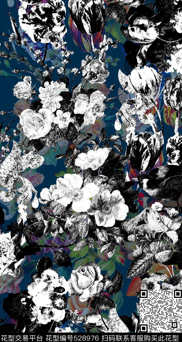 素描黑白手绘花暗色数码印花华亿平台下载（图片编号: 528976） - 瓦栏（Walan）