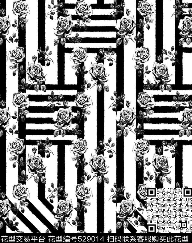 花卉花纹欧式黑白线条数码印花华亿平台下载（图片编号: 529014） - 瓦栏（Walan）