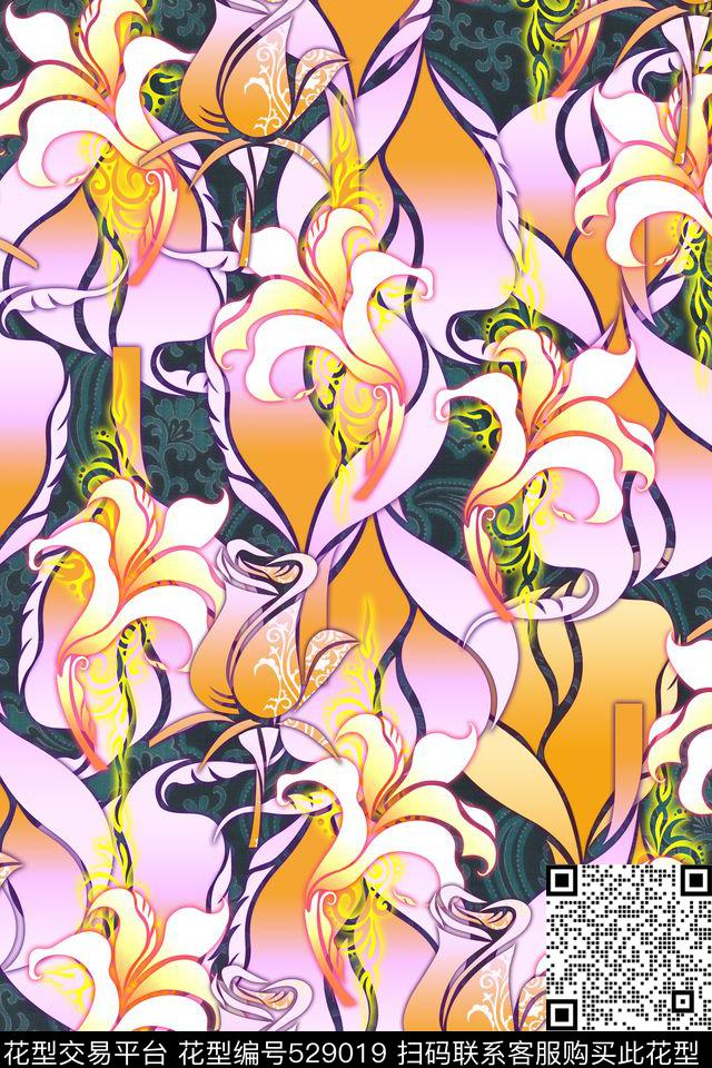 欧式大叶植物玫瑰数码印花华亿平台下载（图片编号: 529019） - 瓦栏（Walan）