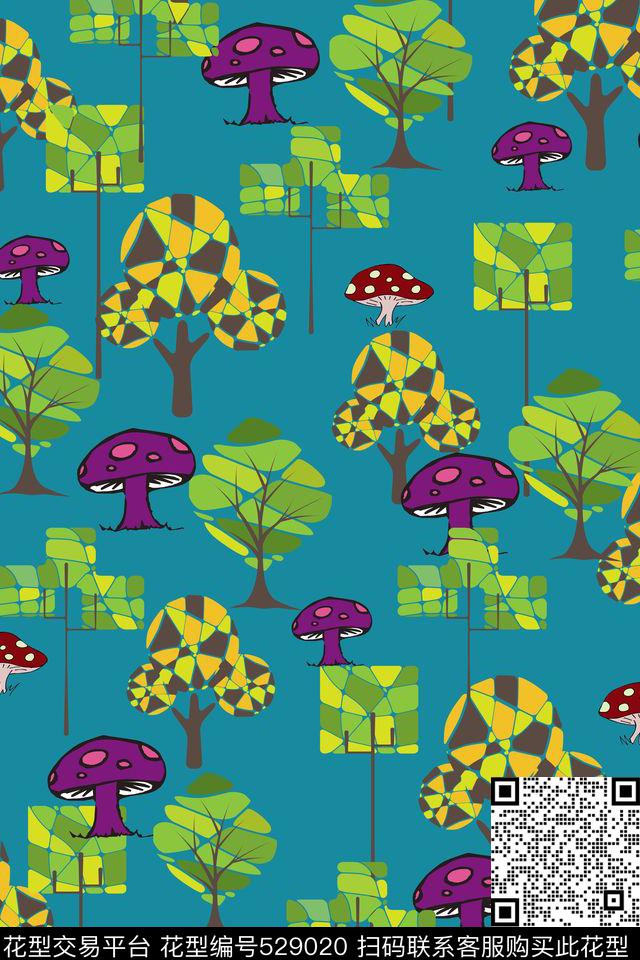 卡通蘑菇小树传统印花华亿平台下载（图片编号: 529020） - 瓦栏（Walan）