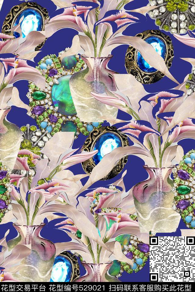 欧洲复古珠宝百合数码印花华亿平台下载（图片编号: 529021） - 瓦栏（Walan）
