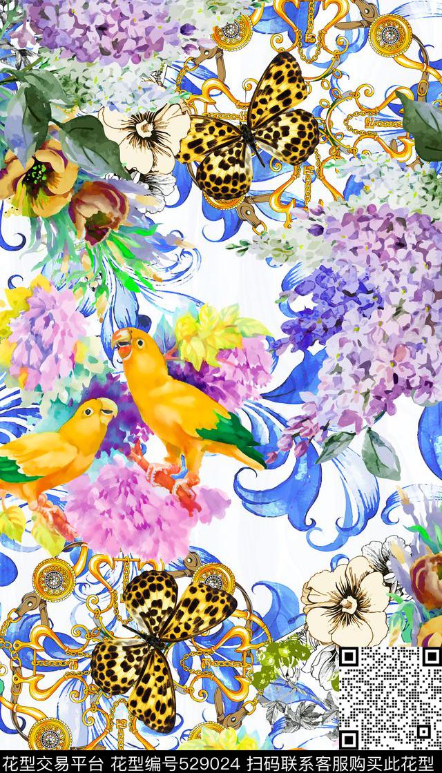 清新青花纹花卉数码印花华亿平台下载（图片编号: 529024） - 瓦栏（Walan）