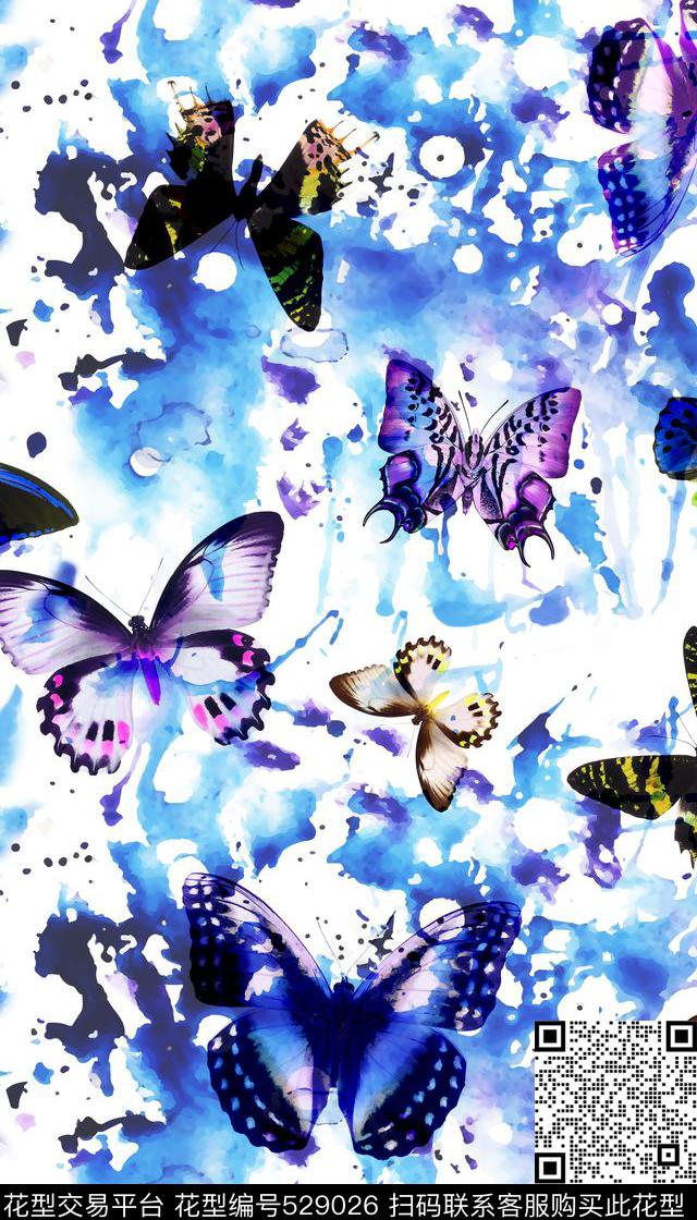 抽象喷溅水彩蝴蝶数码印花华亿平台下载（图片编号: 529026） - 瓦栏（Walan）