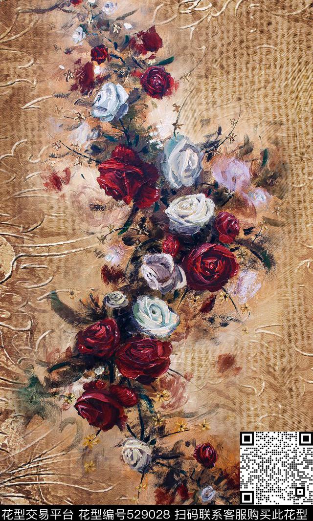 油画肌理欧式油画花卉复古高贵定位数码印花华亿平台下载（图片编号: 529028） - 瓦栏（Walan）