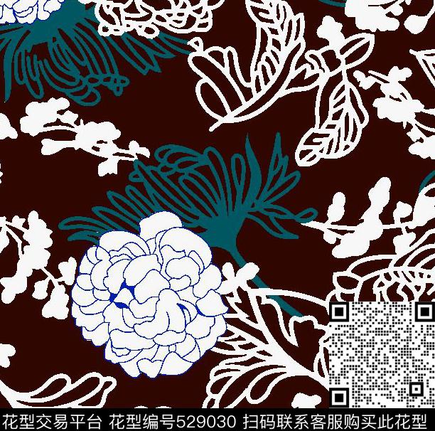 潮流菊花线条华亿平台传统印花华亿平台下载（图片编号: 529030） - 瓦栏（Walan）