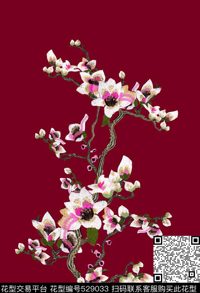中国风绣花枝条+花卉女装数码印花华亿平台下载（图片编号: 529033） - 瓦栏（Walan）