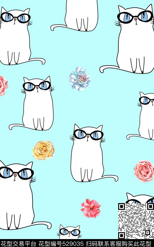 小猫花卉眼镜数码印花华亿平台下载（图片编号: 529035） - 瓦栏（Walan）