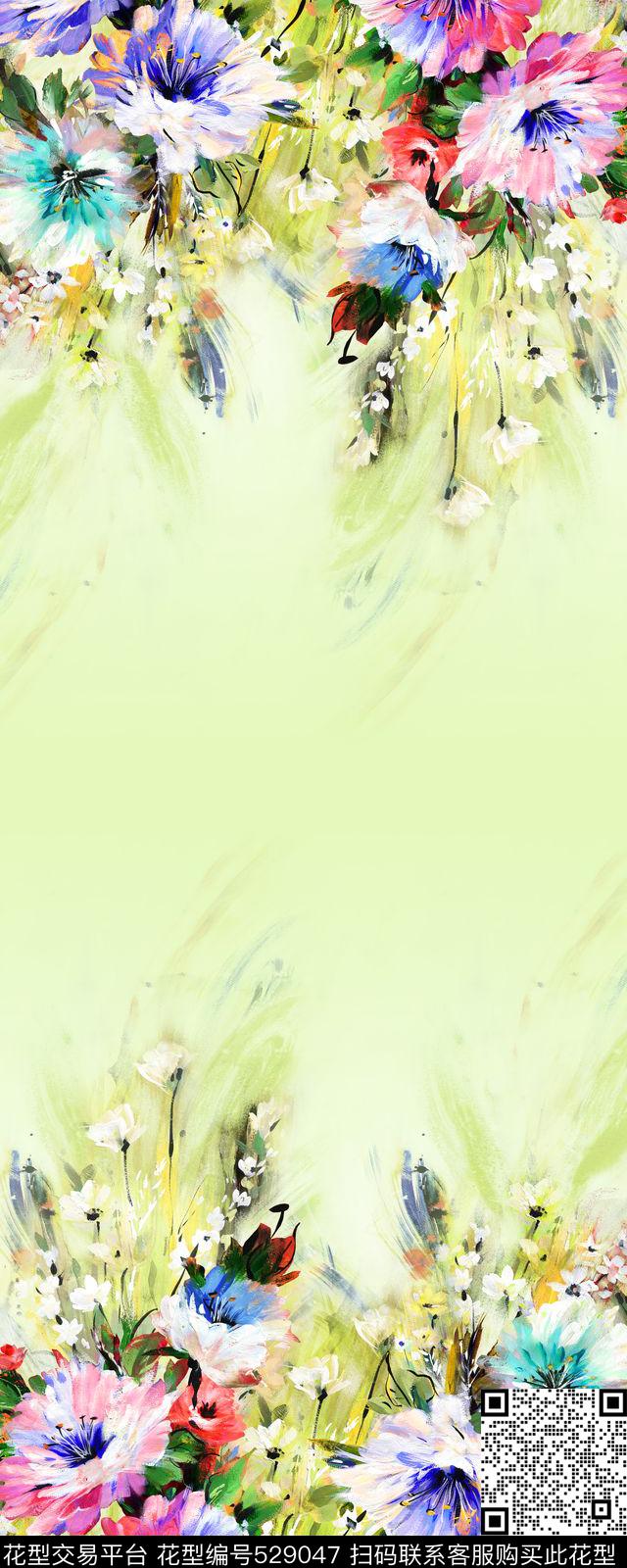 定位花花卉抽象手绘数码印花华亿平台下载（图片编号: 529047） - 瓦栏（Walan）