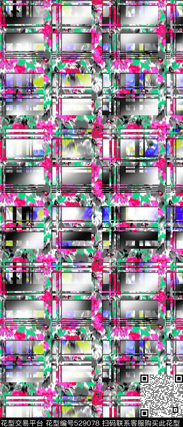 格子花卉几何数码印花华亿平台下载（图片编号: 529078） - 瓦栏（Walan）