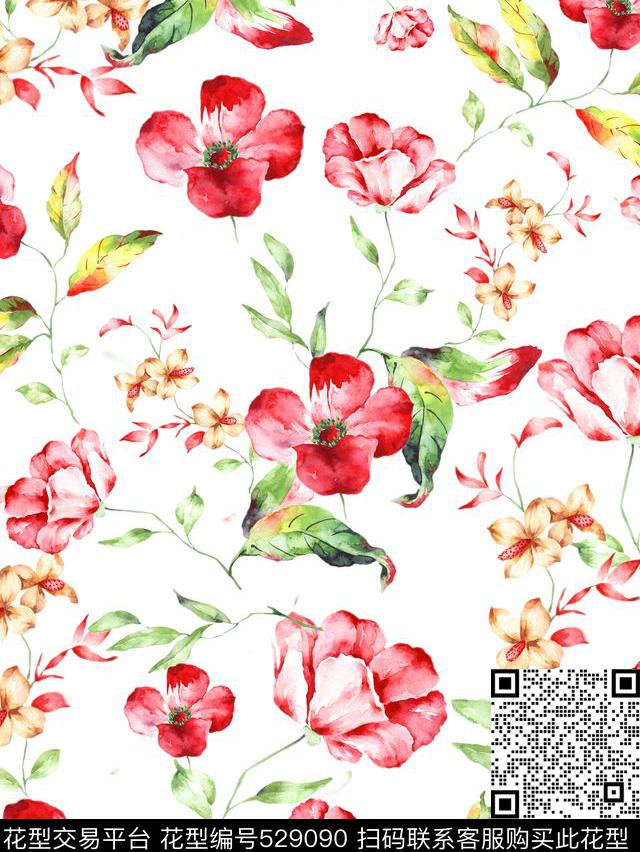 水彩花卉叶子最新流行时尚潮流花卉服装连衣裙家纺窗帘丝巾花卉数码印花华亿平台下载（图片编号: 529090） - 瓦栏（Walan）