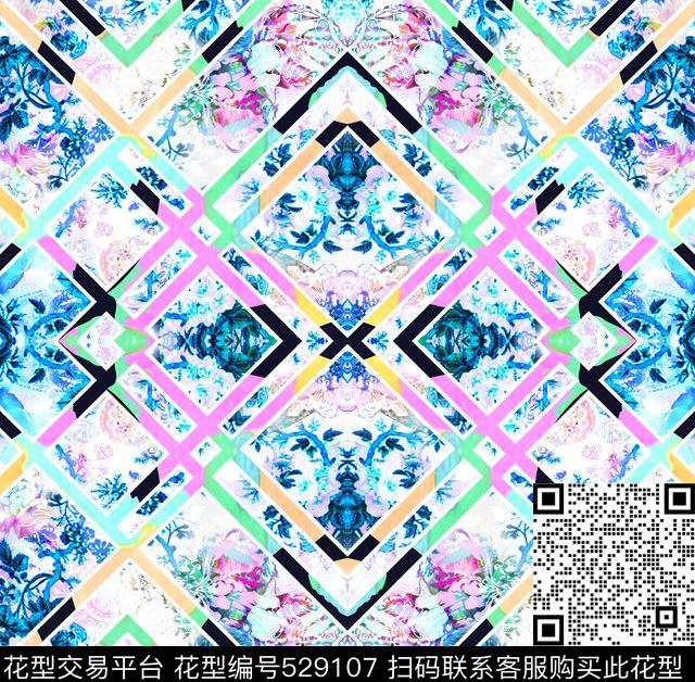 抽象手绘幻彩花卉四方对称几何流行时尚数码印花华亿平台下载（图片编号: 529107） - 瓦栏（Walan）