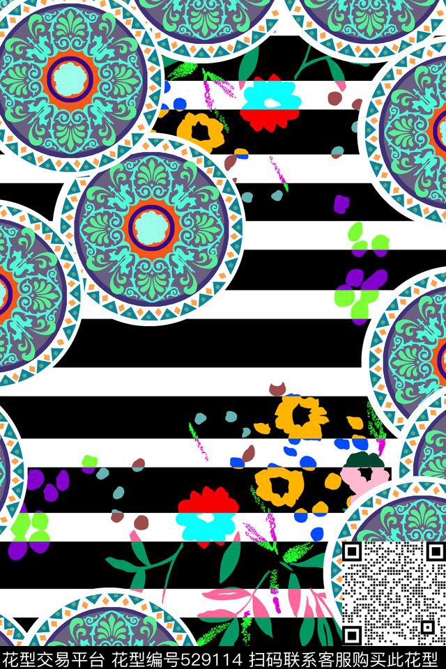 几何条纹小花传统印花华亿平台下载（图片编号: 529114） - 瓦栏（Walan）