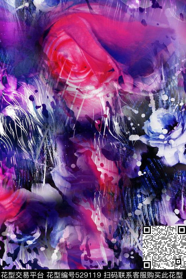 时尚玫瑰花墨点数码印花华亿平台下载（图片编号: 529119） - 瓦栏（Walan）