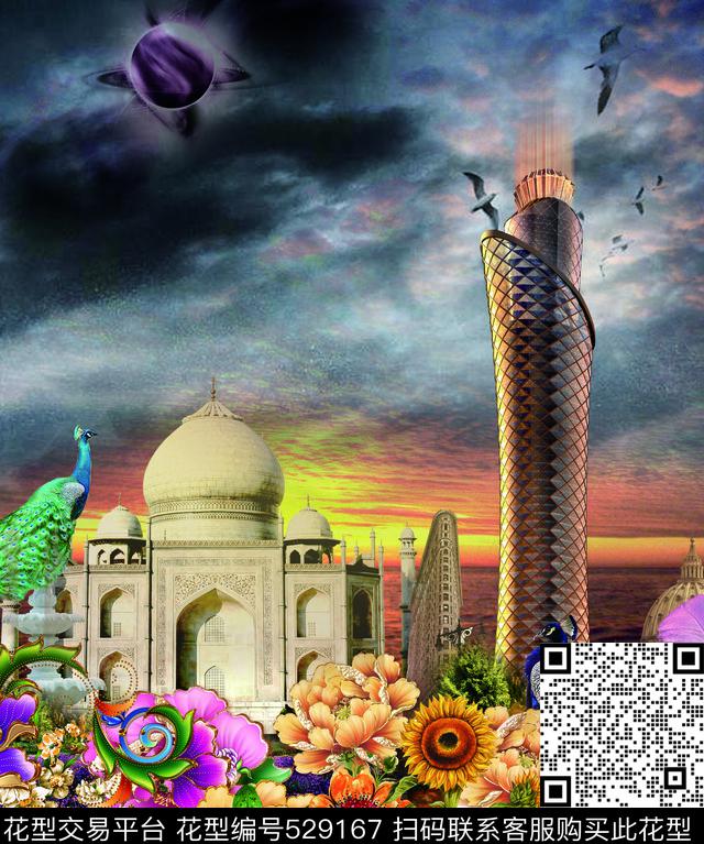 定位孔雀流行时尚手绘花花卉数码印花华亿平台下载（图片编号: 529167） - 瓦栏（Walan）