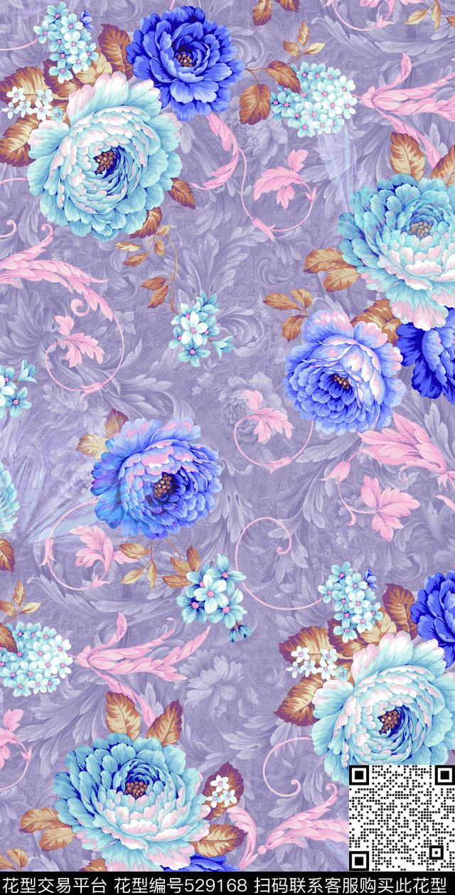 花卉蓝色大花紫色大花数码印花华亿平台下载（图片编号: 529168） - 瓦栏（Walan）