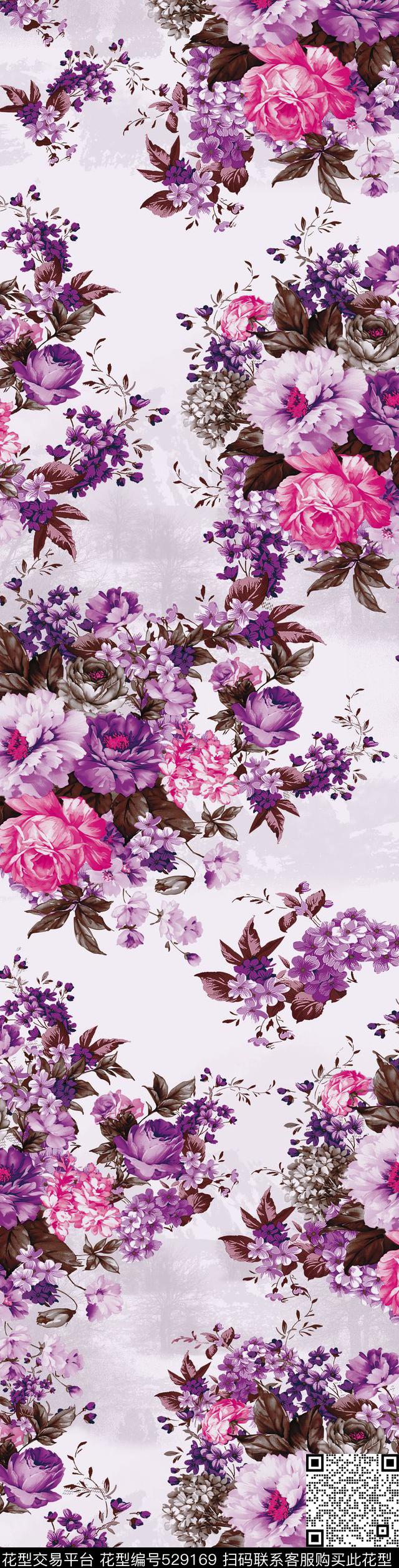 大花花卉紫色花传统印花华亿平台下载（图片编号: 529169） - 瓦栏（Walan）