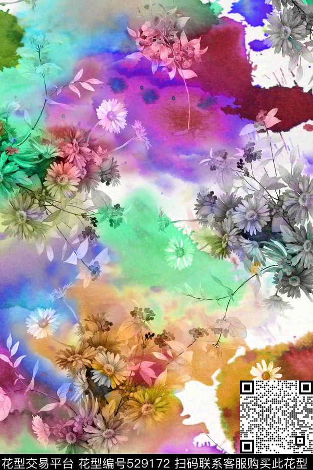 流行时尚抽象水彩数码印花华亿平台下载（图片编号: 529172） - 瓦栏（Walan）