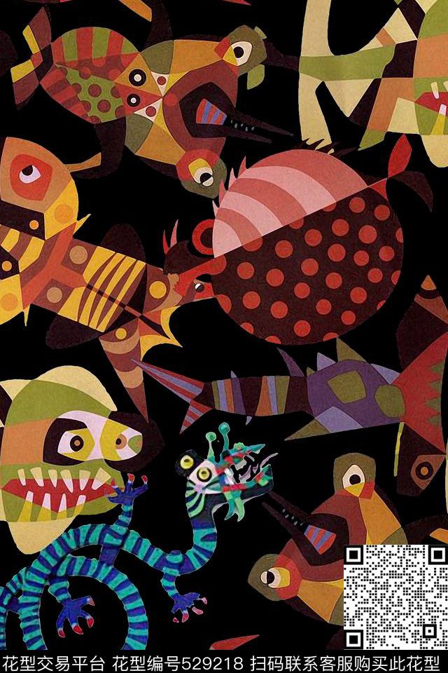 炫彩卡通小怪兽原创传统印花华亿平台下载（图片编号: 529218） - 瓦栏（Walan）