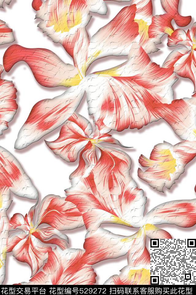 花卉橘色花镂空大花数码印花华亿平台下载（图片编号: 529272） - 瓦栏（Walan）