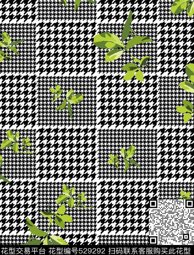 千鸟格绿色叶子传统华亿平台传统印花华亿平台下载（图片编号: 529292） - 瓦栏（Walan）